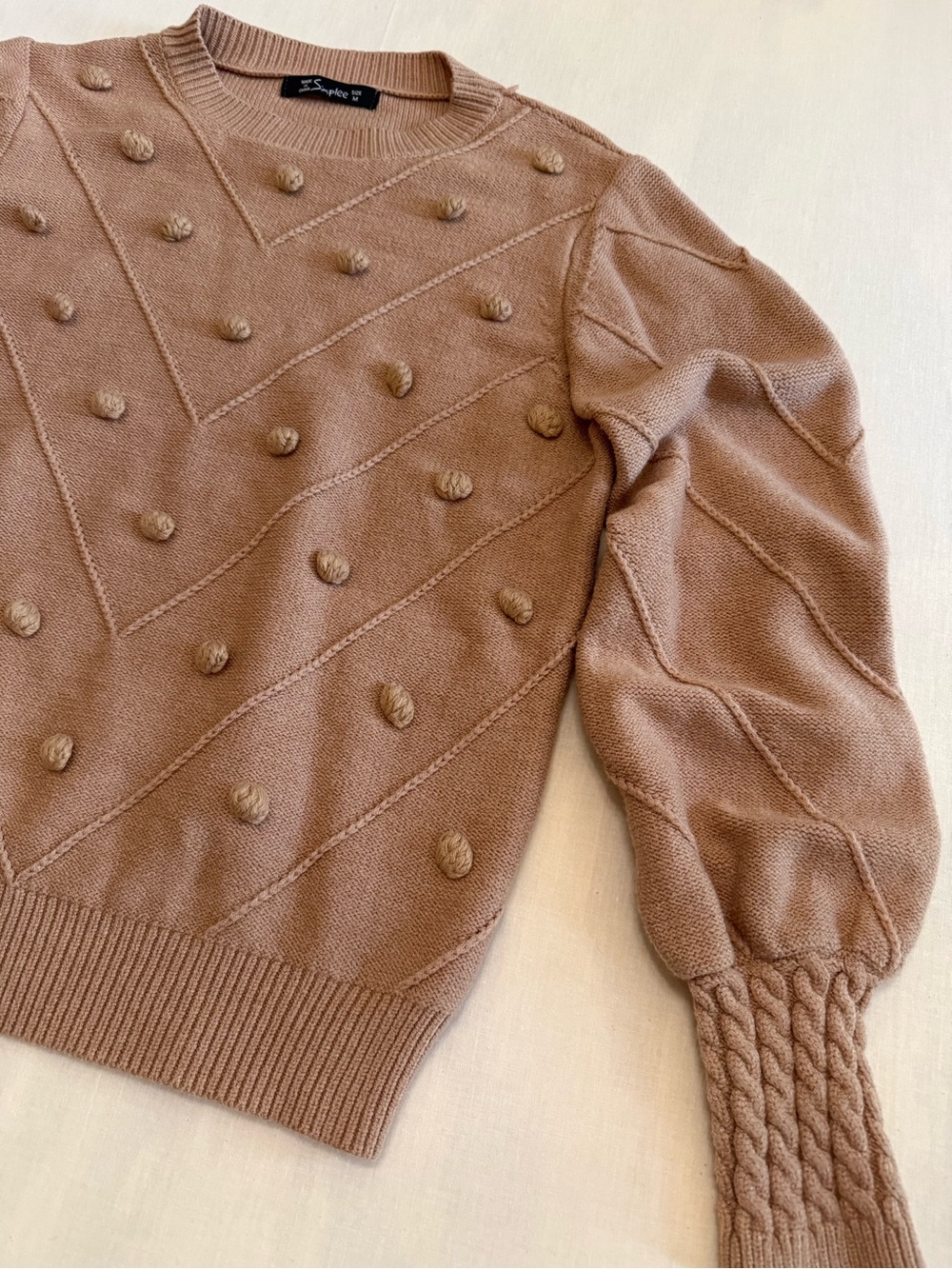 Simple Taupe Pom-Pom Cable Sleeve Crewneck Sweater